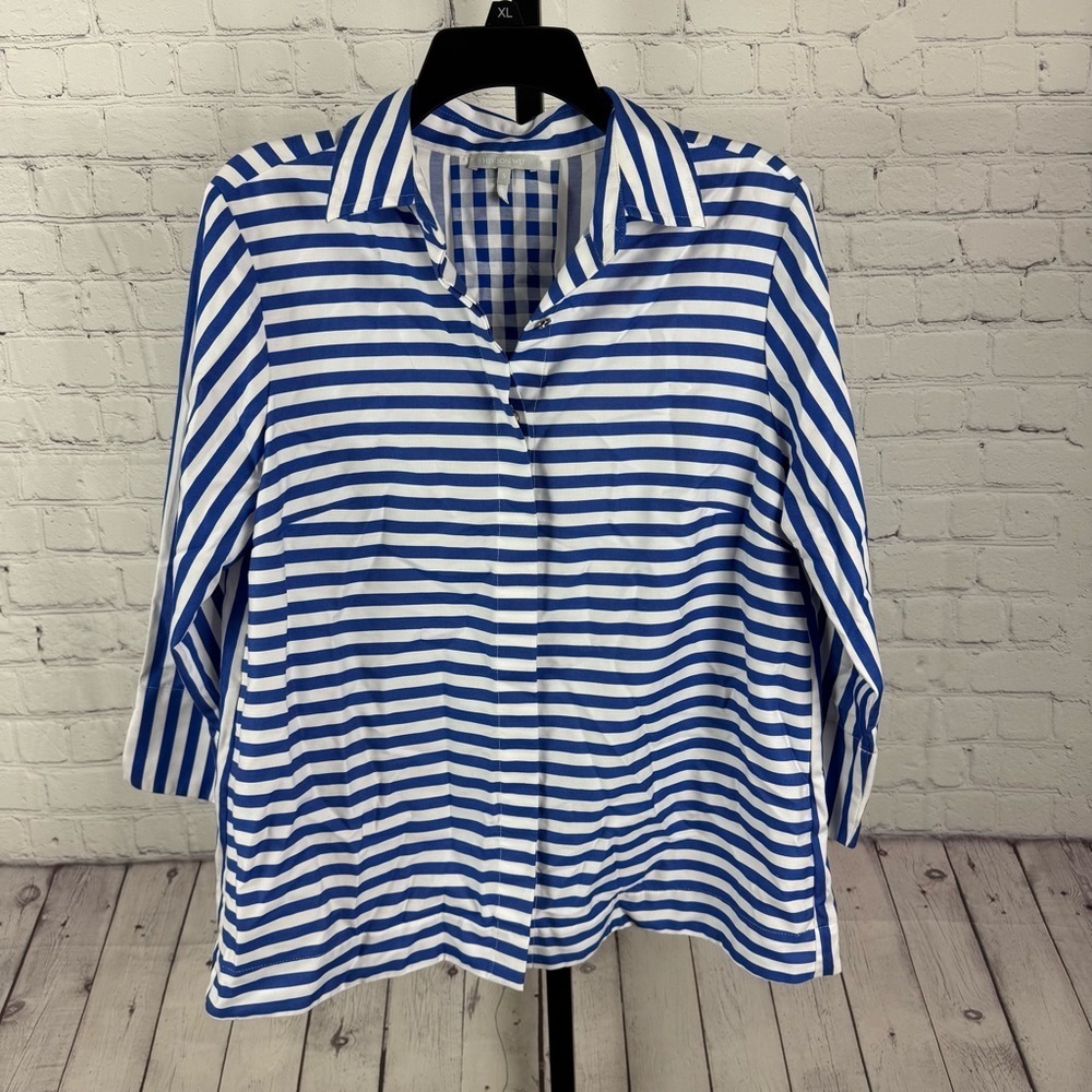 Hinson Wu Xena 3/4 Sleeve Stripe/Gingham Combo Shirt Size Small